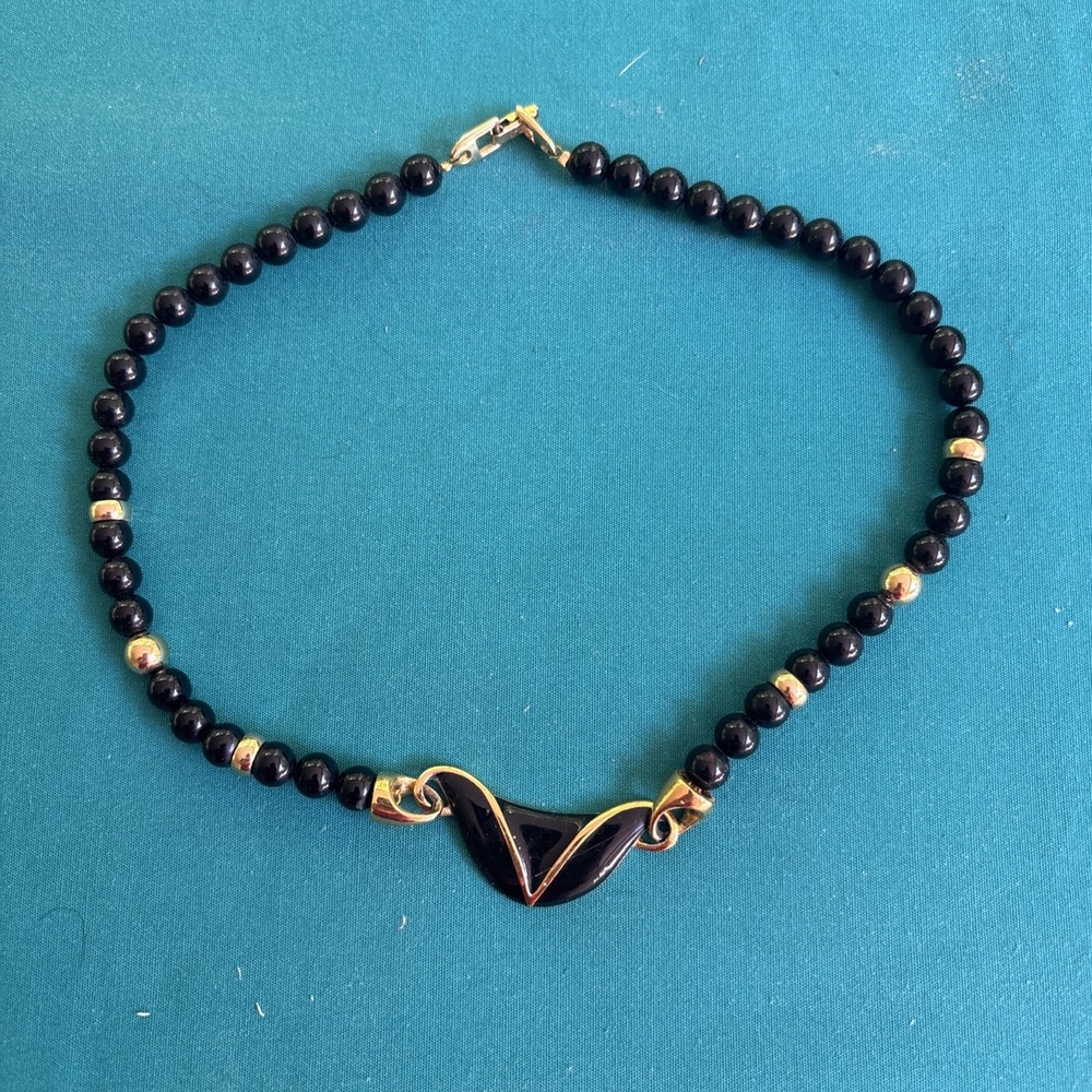 Vintage Napier Signed Black & Gold Toned Beaded Lucite Necklace 17"